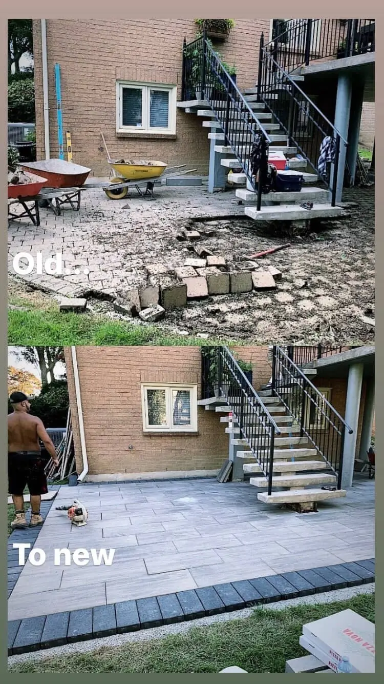 Before and after: old brick patio rebuilt with modern gray tile and steps