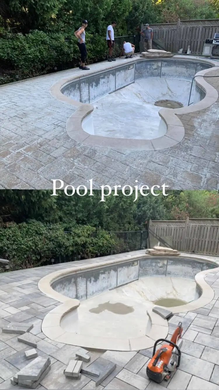 Pool deck paver installation with natural stone coping